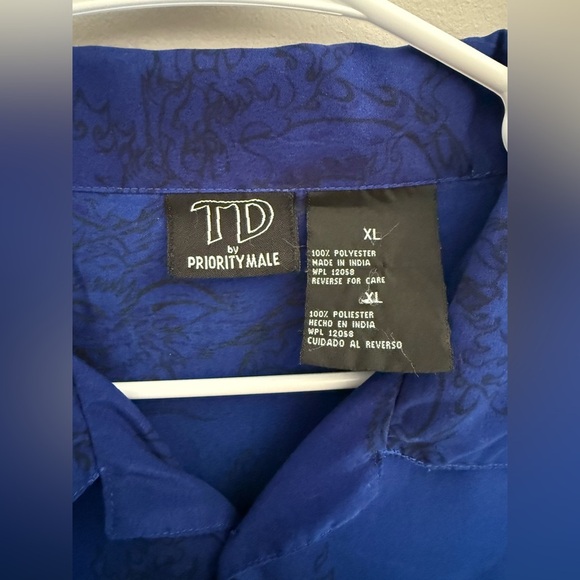 TD By Priority Male Fire Dragon Button Up Shirt Men’s SZ XL Short Sleeve Blue - Picture 2 of 7
